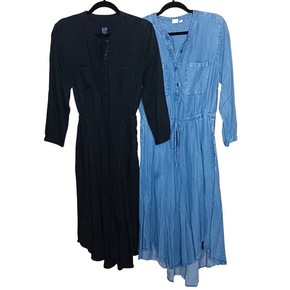 Lot of 2 GAP Long Sleeve Shirt Dress chambray Lyocell Denim Black Tie Waist - Picture 1 of 10